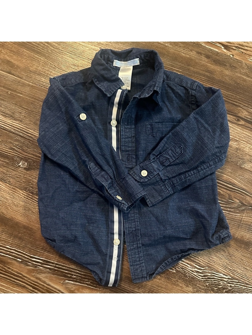Janie and Jack Navy Button-Up Shirt with White Stripes - Picture 1 of 7